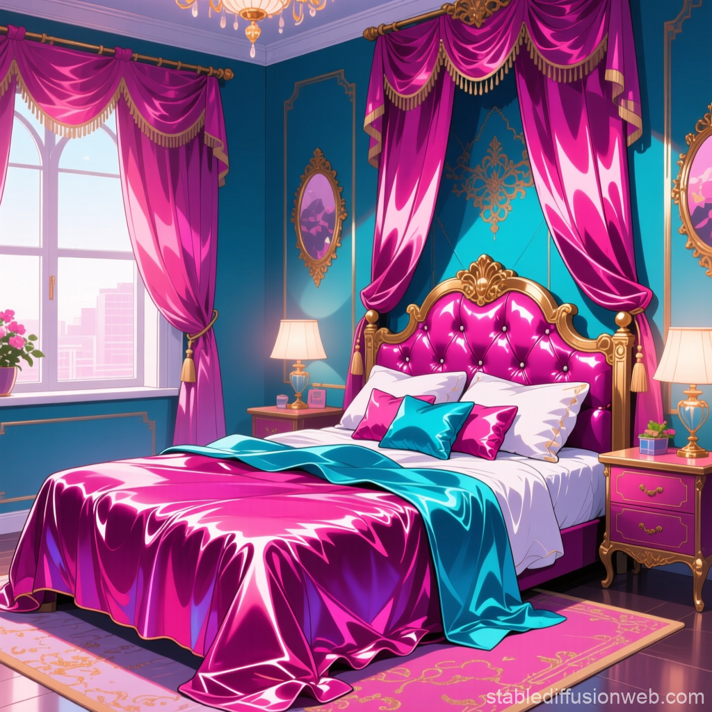 Luxurious Satin Bedroom with Bold Pink and Blue Accents