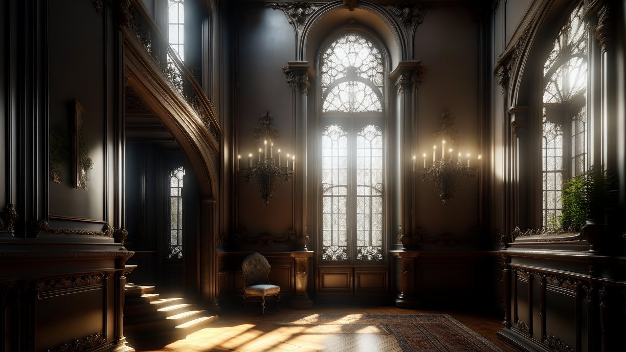 Luxurious Victorian Mansion Interior with Grand Staircase