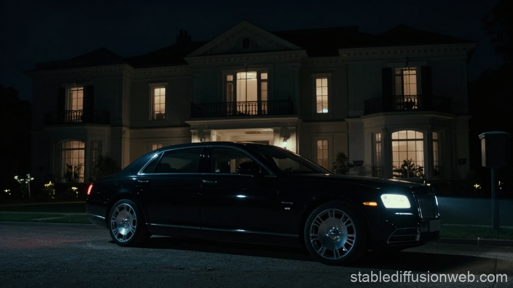 Luxury Black Sedan Parked Outside Elegant Mansion at Night