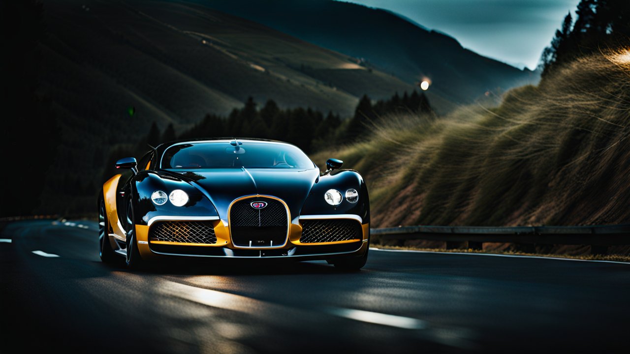 Luxury Bugatti Sports Car on Mountain Road at Dusk
