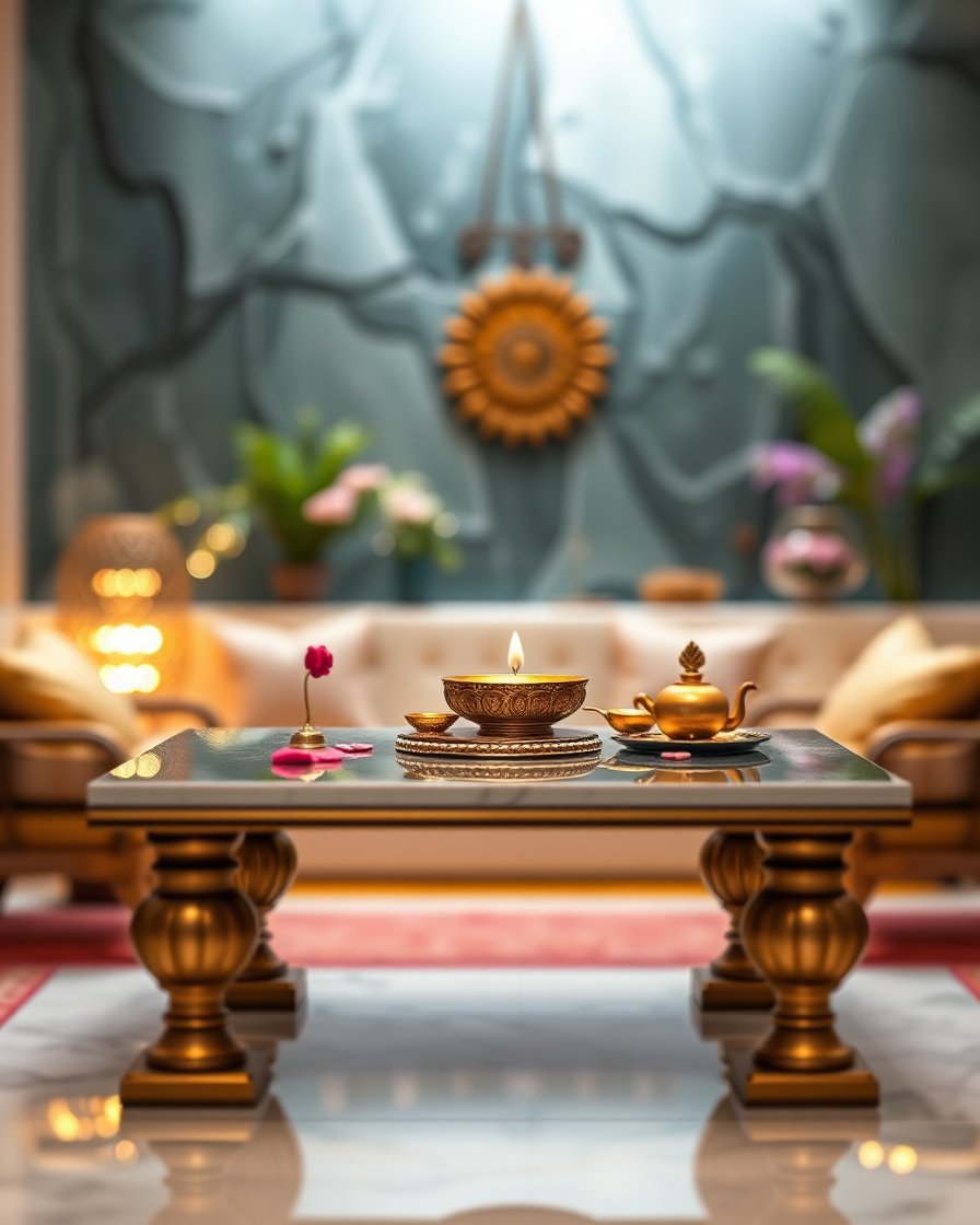 Luxury Living Room with Ornate Golden Decor and Candlelight