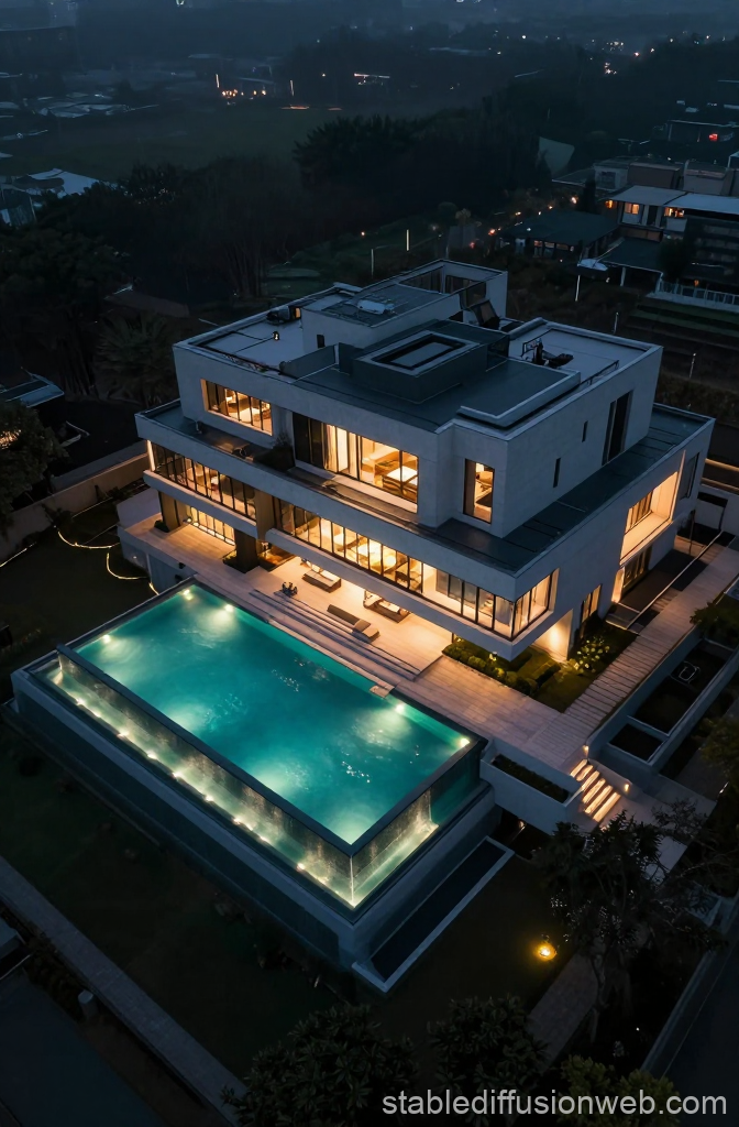 Luxury Modern Mansion with Illuminated Pool at Night