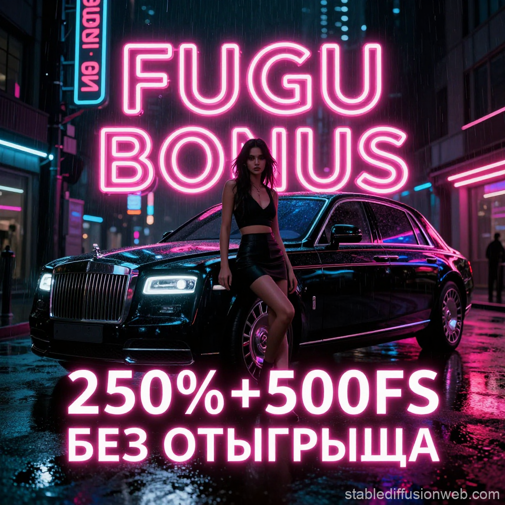 Luxury Sedan with Neon FUGU BONUS Sign and Woman