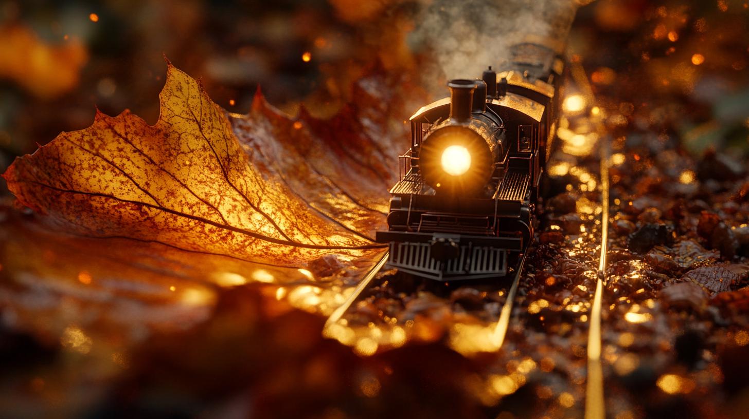 Macro Shot of Miniature Train on Autumn Leaf Track