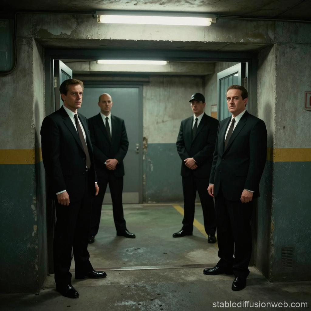Mafia Guards Standing in Underground Corridor