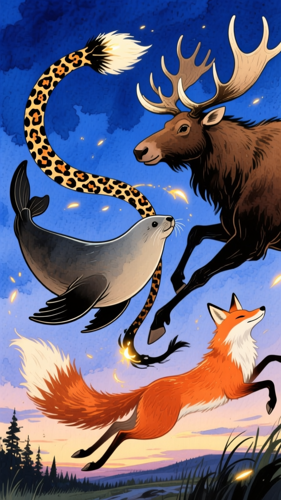 Magical Animals with Twisting Tails in a Twilight Landscape