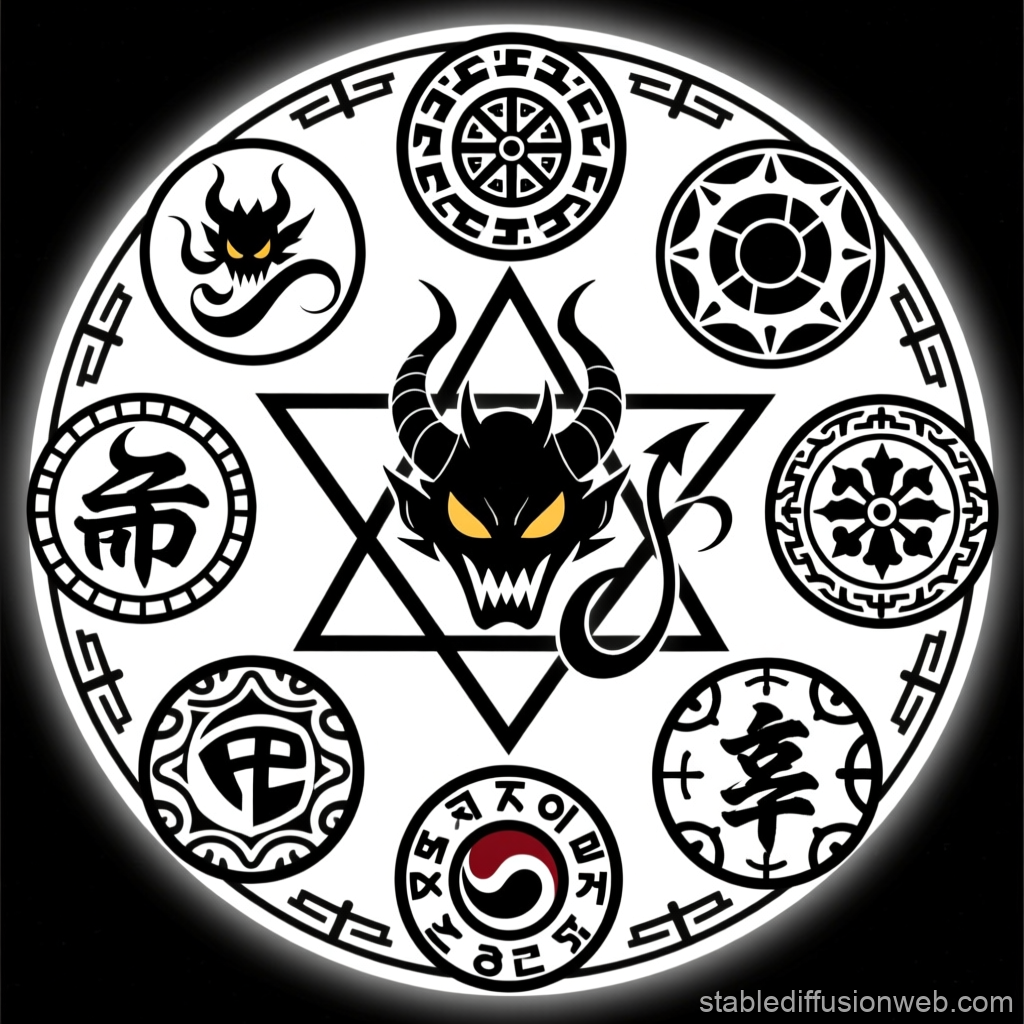 Magical Asian Symbolic Circle with Demon and Ancient Glyphs
