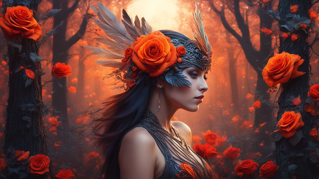 Magical Bird Woman in Enchanted Rose Forest