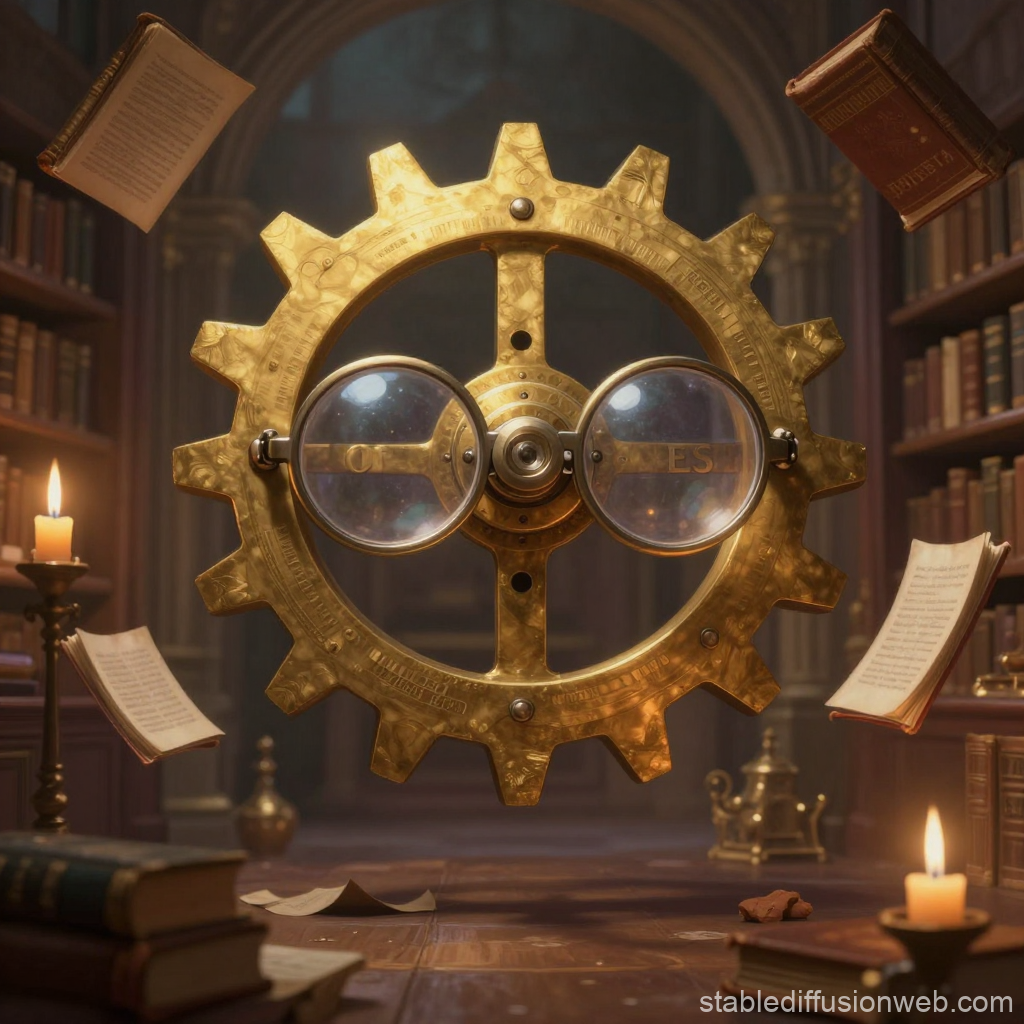 Magical Clockwork Gear with Floating Books in Ancient Library