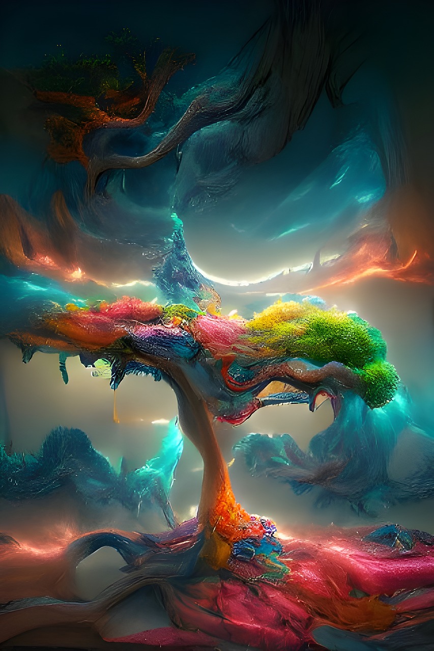 Magical Colorful Tree in a Surreal Landscape