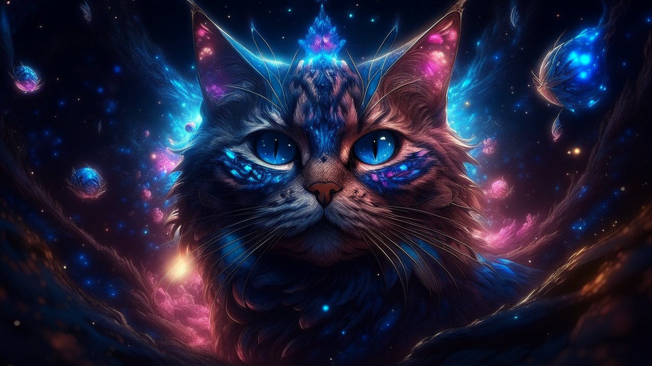 Magical Cosmic Cat with Glowing Blue Eyes