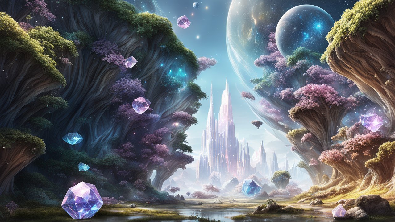 Magical Crystal Forest with Floating Gems and Futuristic City