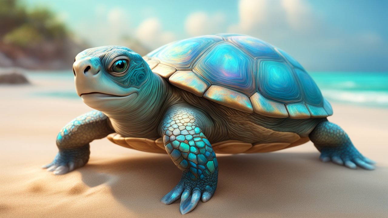 Magical Cute Turtle on a Sunny Beach