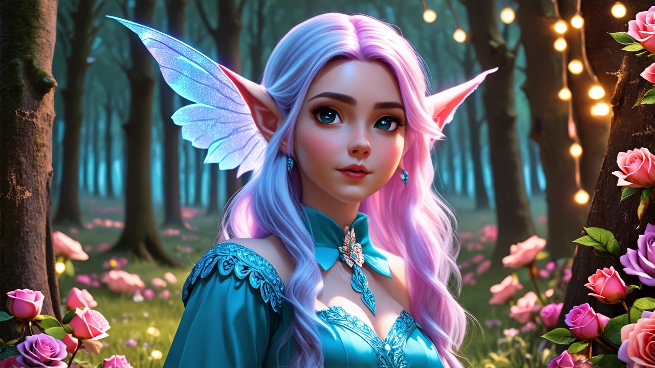 Magical Elf with Pastel Hair in Enchanted Forest