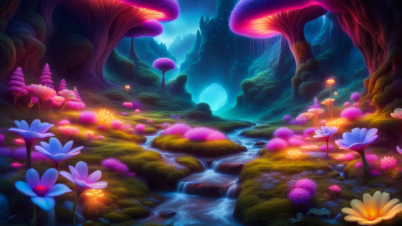 Magical Enchanted Forest with Glowing Flora and Flowing Stream
