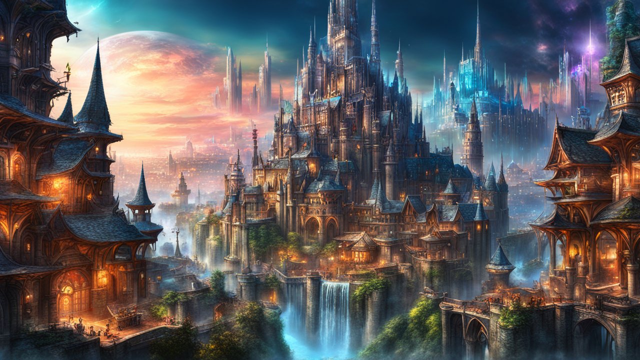 Magical Fantasy City with Towering Spires and Waterfalls