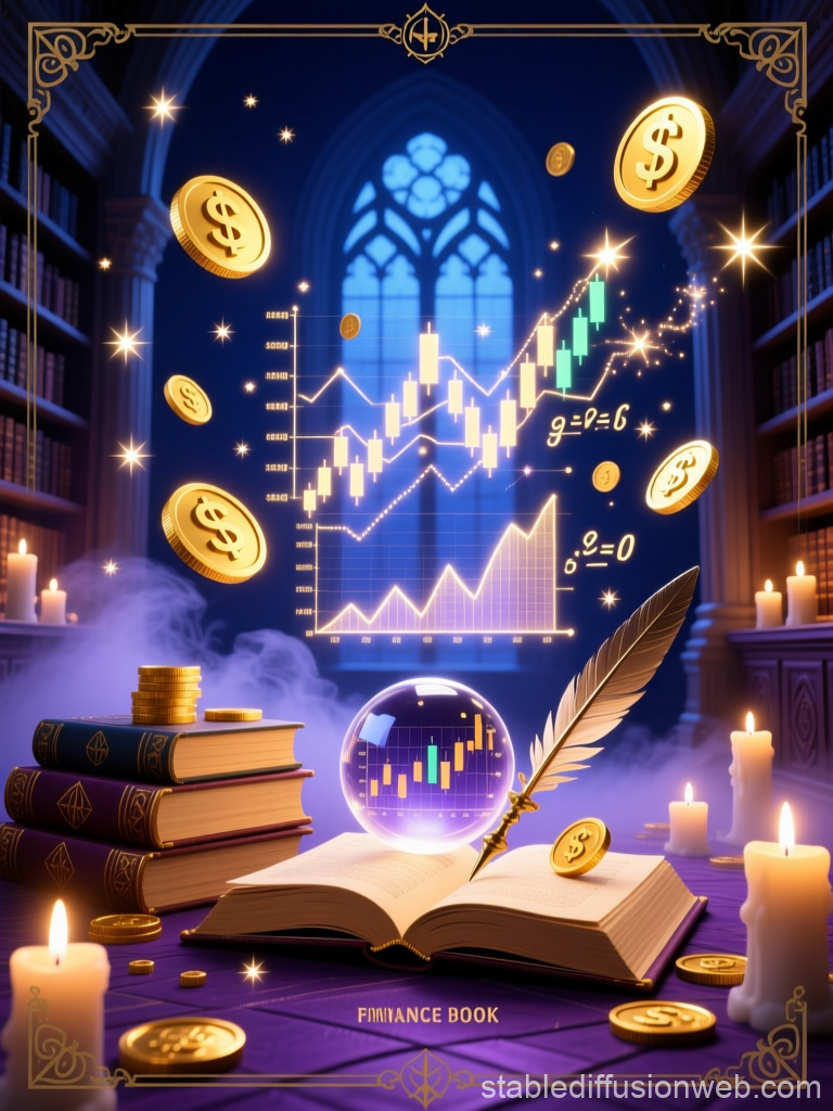 Magical Finance Book with Floating Coins and Charts