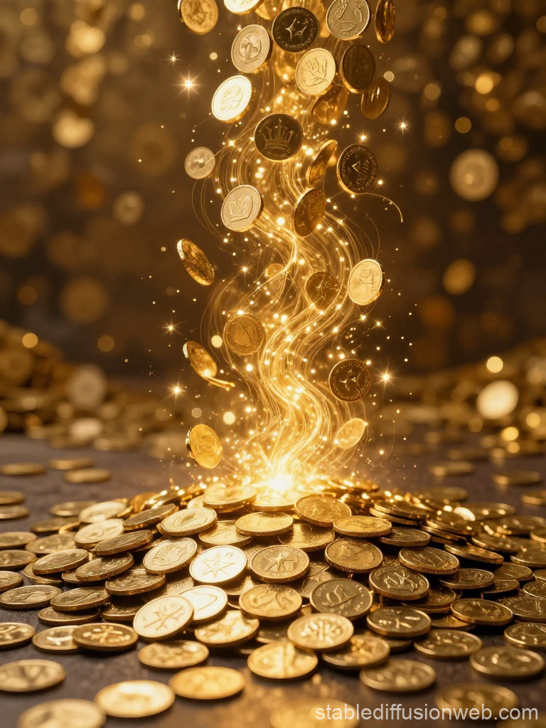 Magical Golden Coins Rising with Sparkling Light
