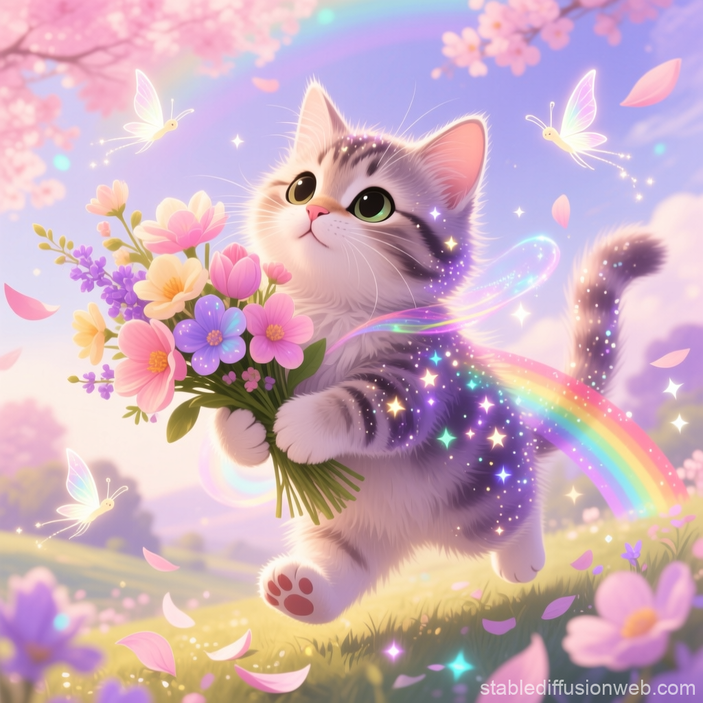 Magical Kitten with Rainbow and Flowers