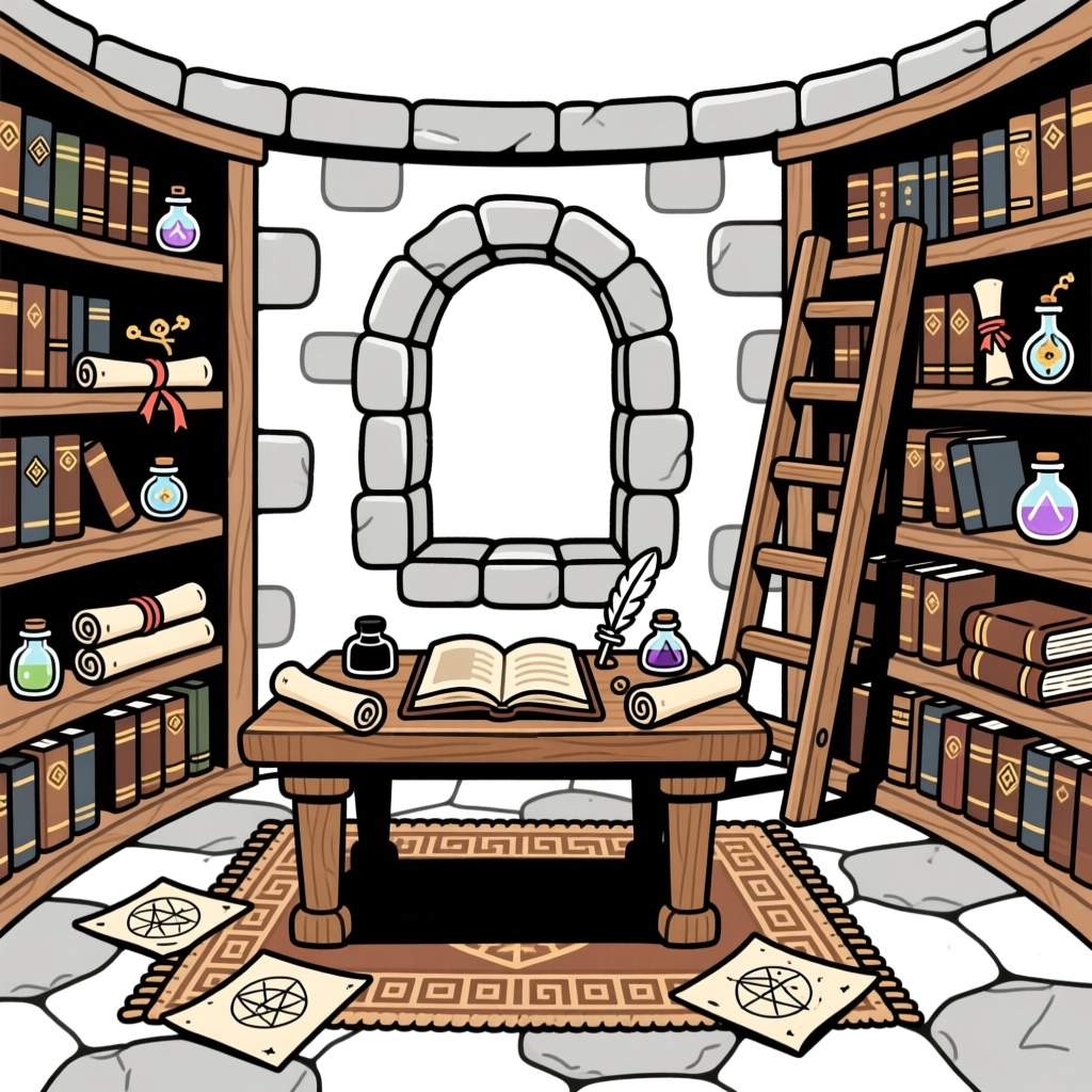 Magical Library Interior with Ancient Books and Potions