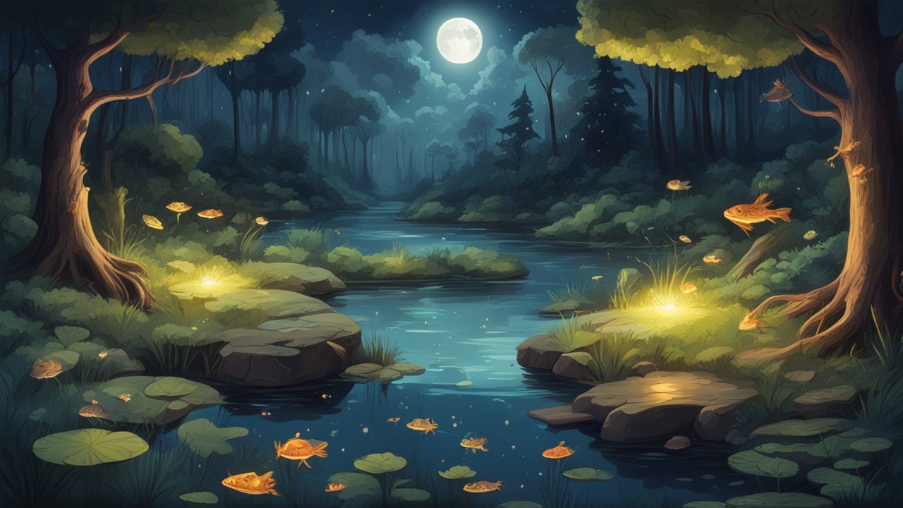 Magical Moonlit Forest Stream with Glowing Fish