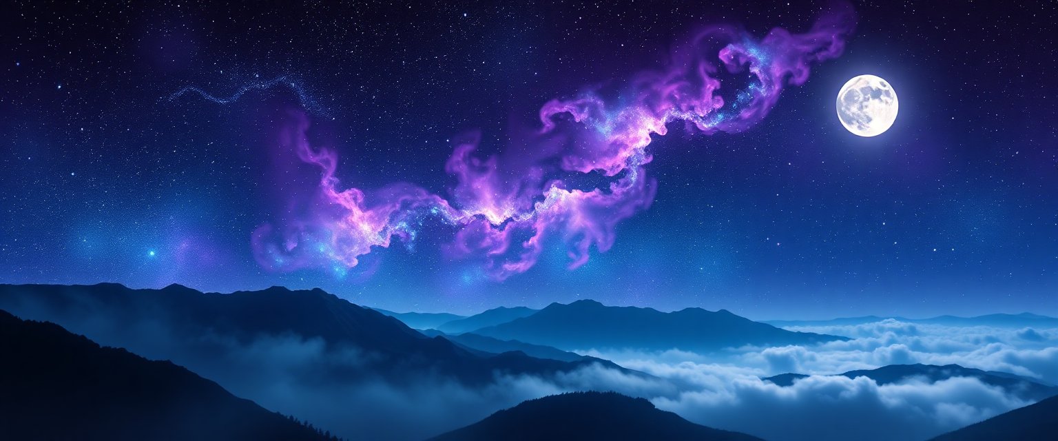 Magical Night Sky with Twinkling Purple Nebula and Full Moon