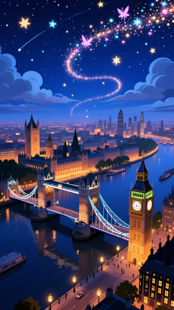 Magical Night Skyline of London with Tower Bridge and Big Ben