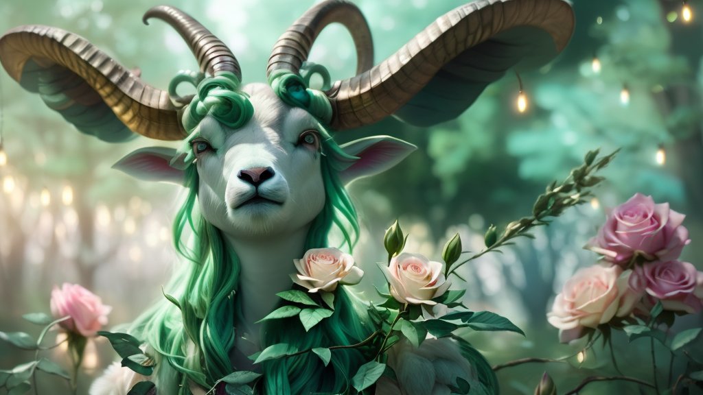 Magical Ram-Human Hybrid with Green Hair in Enchanted Forest
