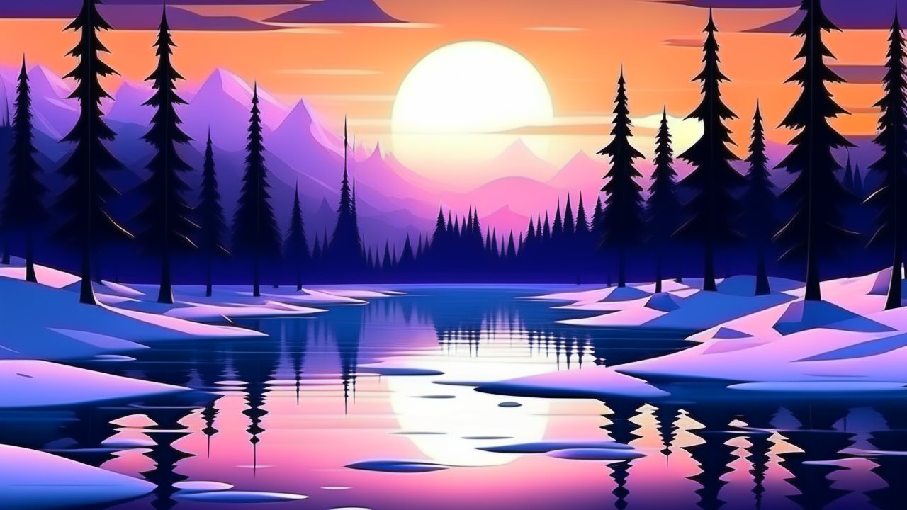 Magical Sunset Over Snowy Mountain Lake