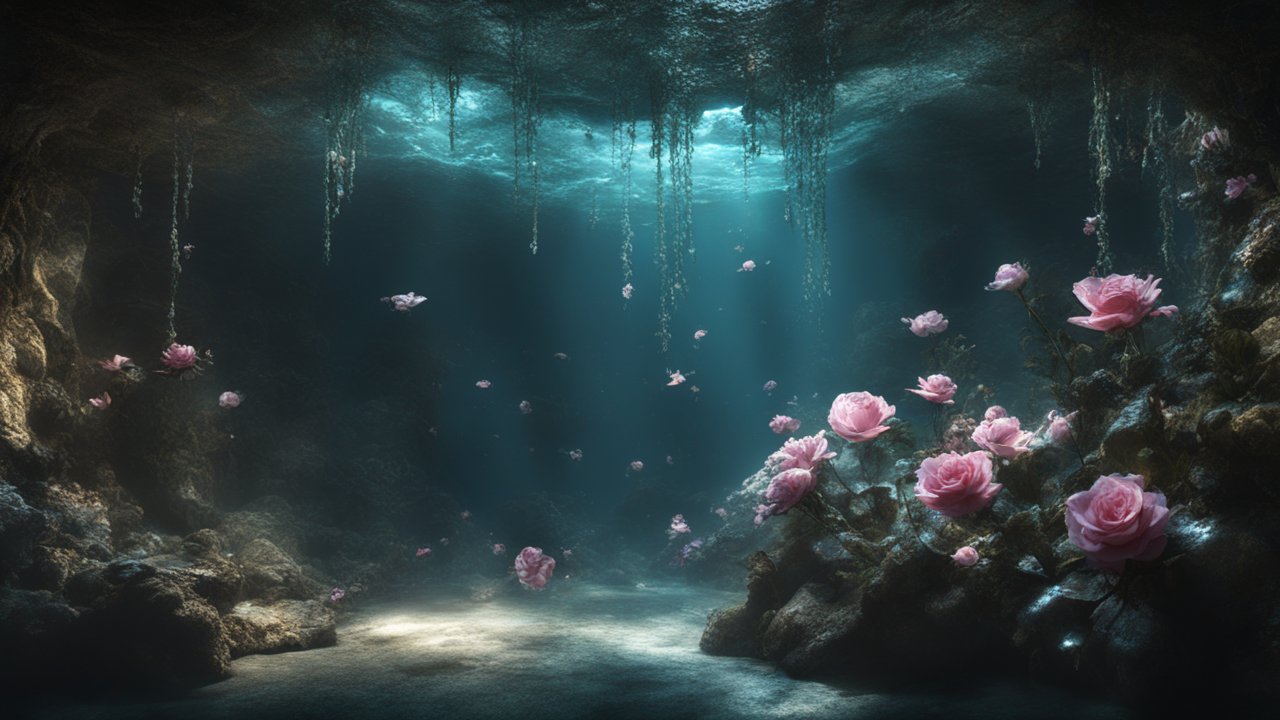 Magical Underwater Cave with Blooming Pink Roses