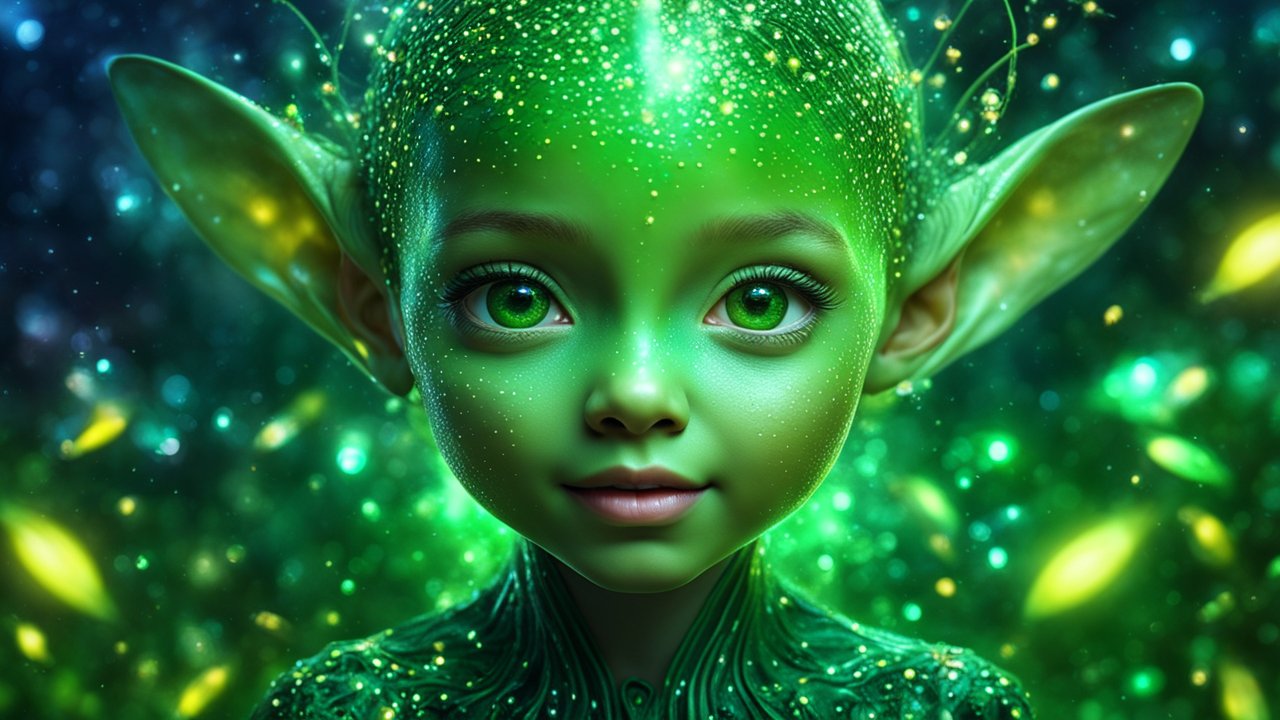 Magical Young Green Elf with Sparkling Skin