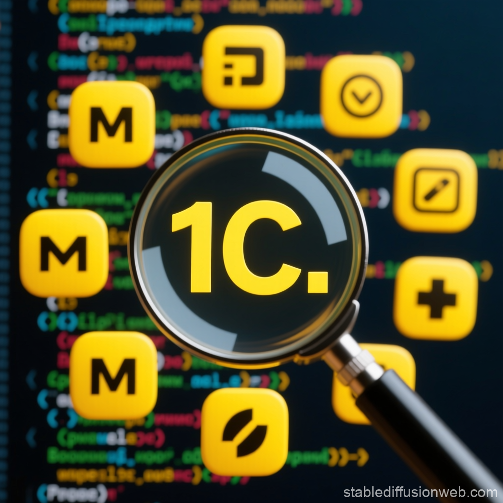 Magnified 1C Enterprise Software Icons on Code Background
