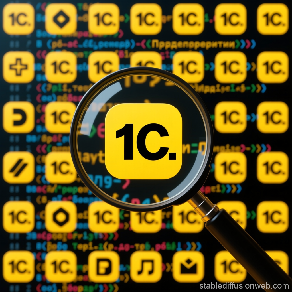 Magnified 1C Software Icons Over Colorful Code Background
