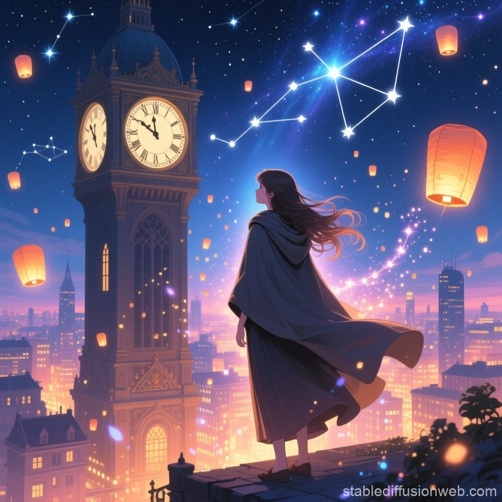 Maiden Gazing at Constellations by Towering Clock at Dusk