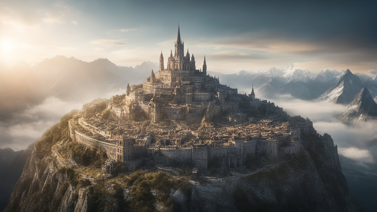 Majestic Ancient Castle on Mountain Peak at Sunrise