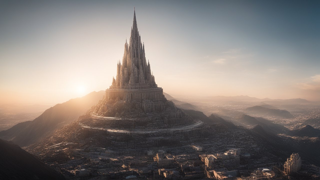 Majestic Ancient Tower on Mountain at Sunrise