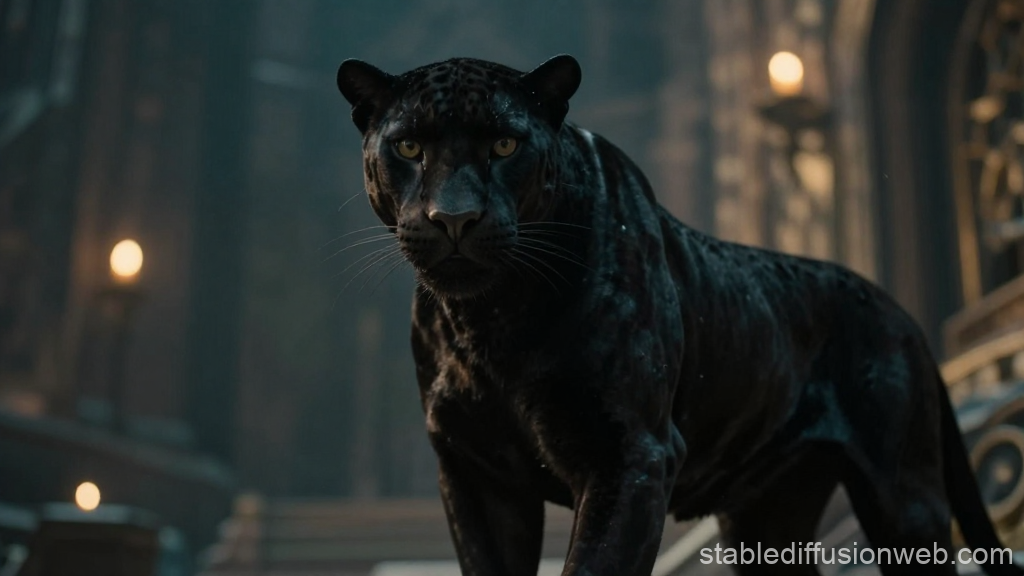 Majestic Black Panther in Dimly Lit Ancient Hall