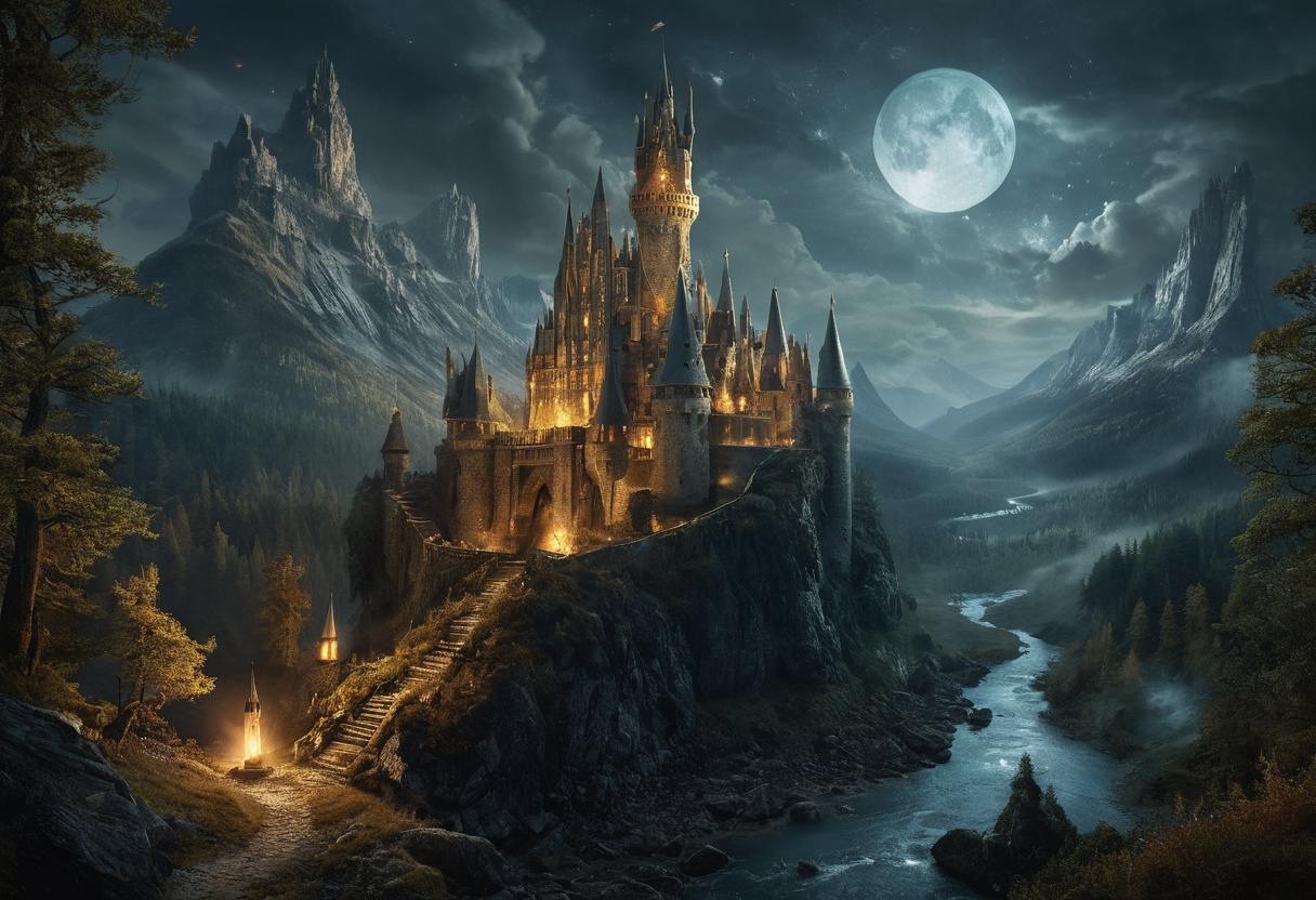 Majestic Castle Illuminated Under Full Moon in Mystical Valley