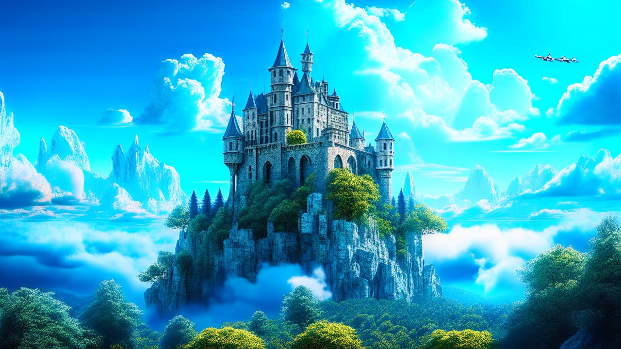 Majestic Castle on a Mountain Amidst Clouds