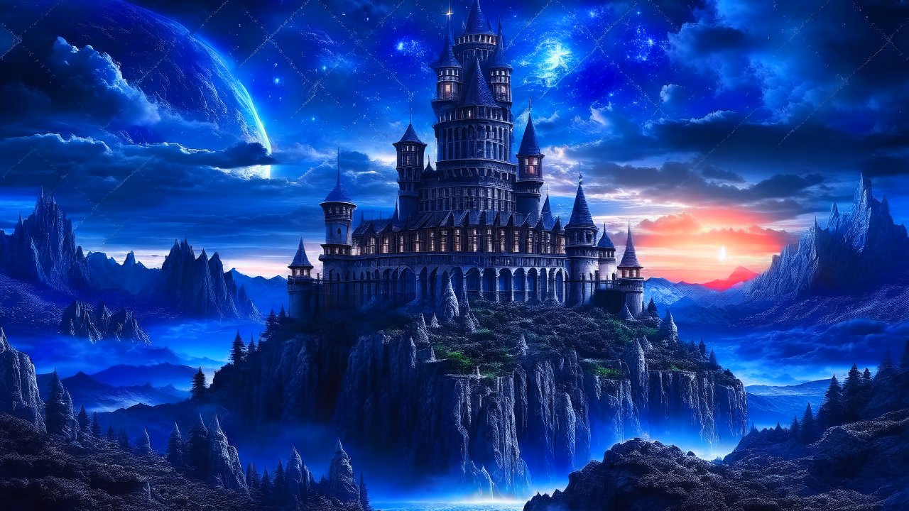 Majestic Castle on a Mountain Under a Cosmic Night Sky