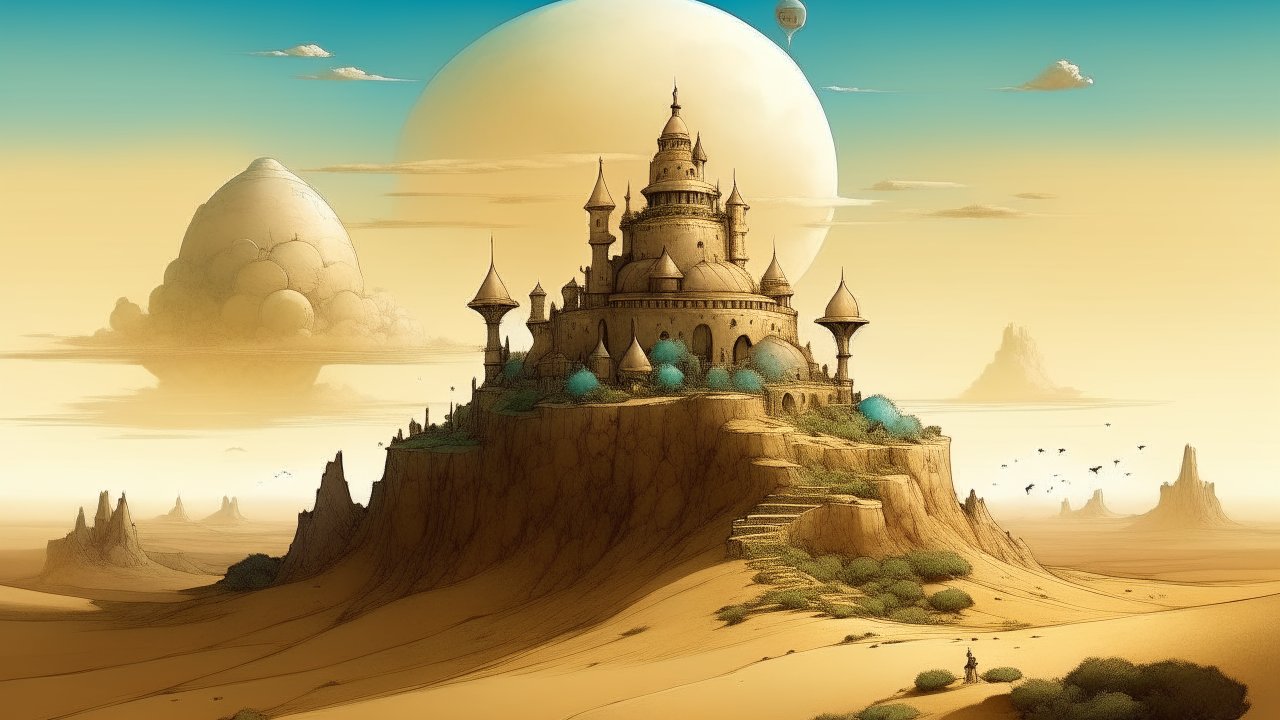 Majestic Castle on Desert Plateau with Giant Moon