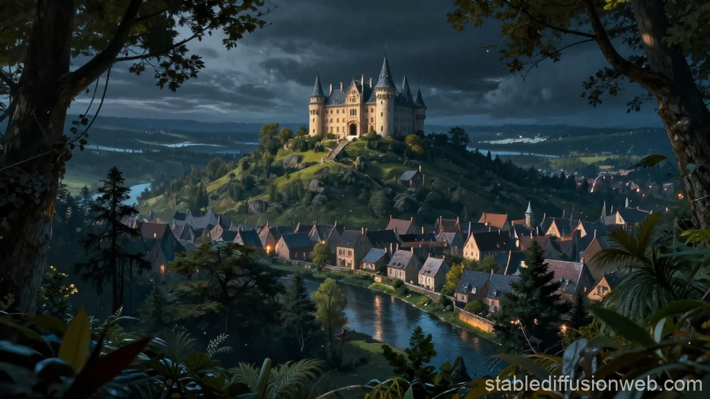 Majestic Castle on Hill Overlooking Village at Night