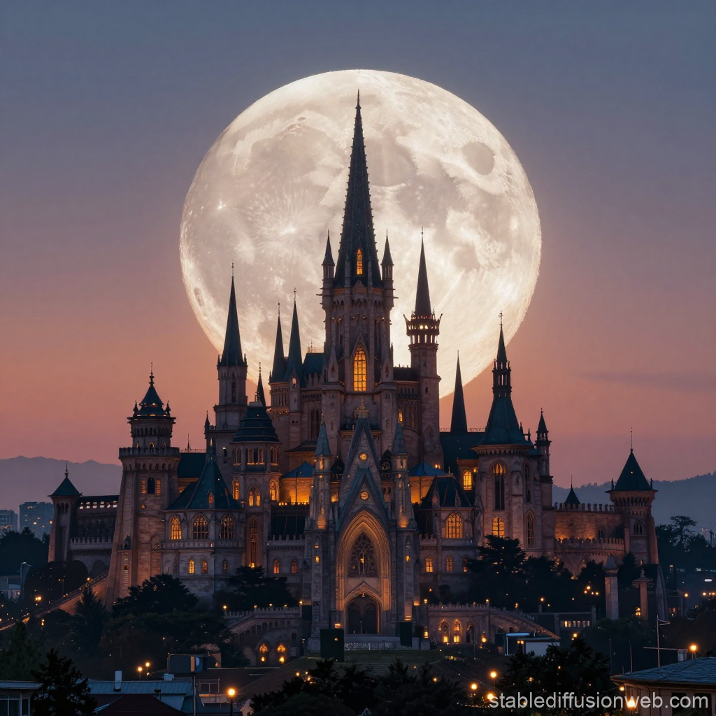 Majestic Castle Silhouetted Against a Giant Full Moon at Sunset