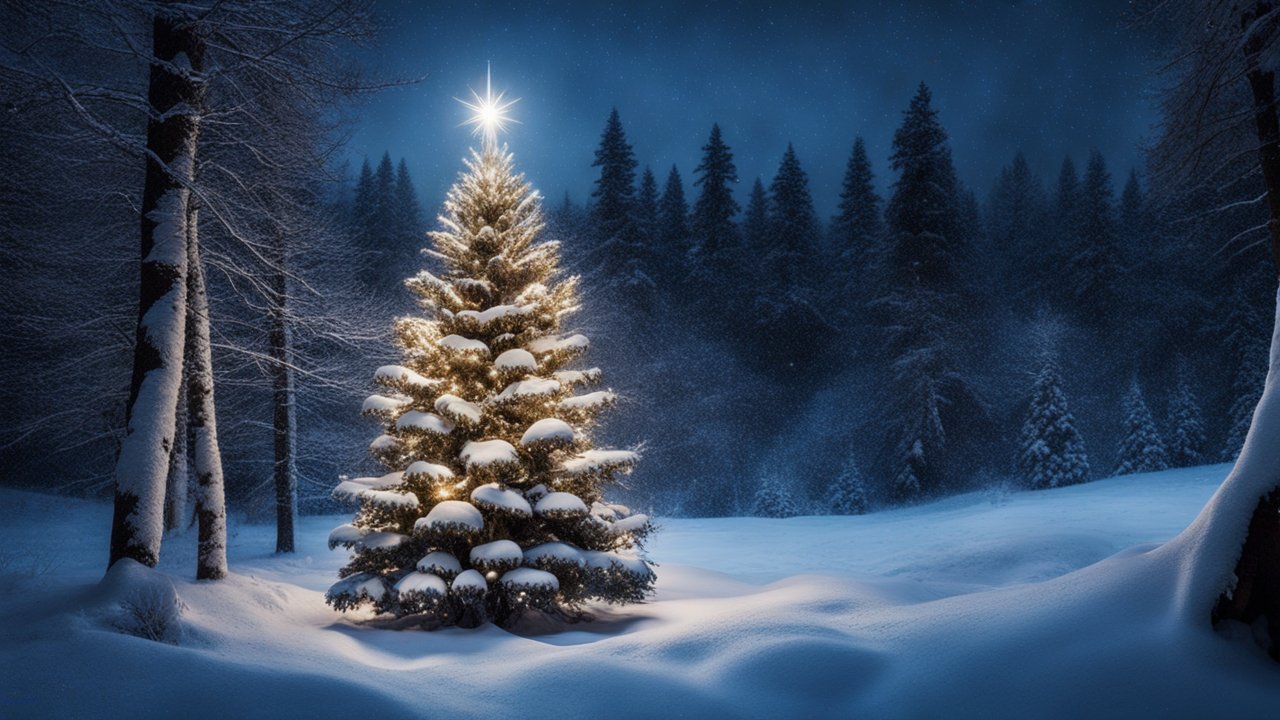 Majestic Christmas Tree Illuminated in Snowy Forest Night