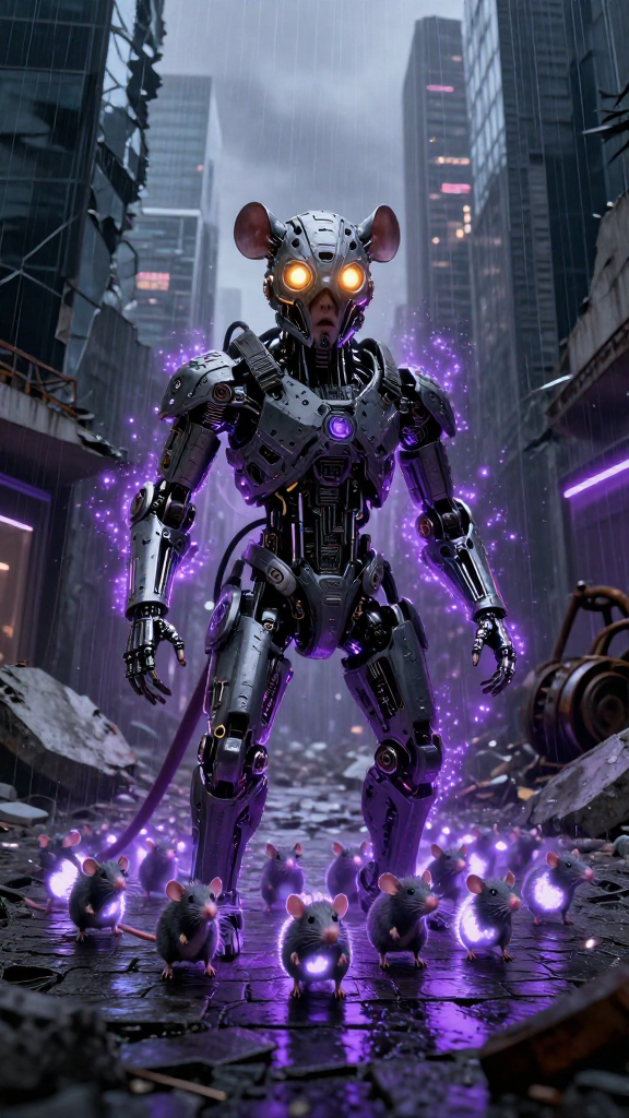 Majestic Cybernetic Rat Leader in a Dystopian City