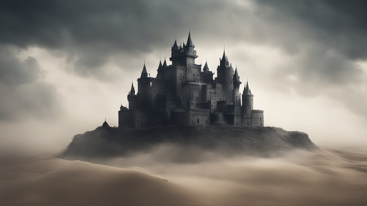 Majestic Dark Castle Surrounded by Misty Desert