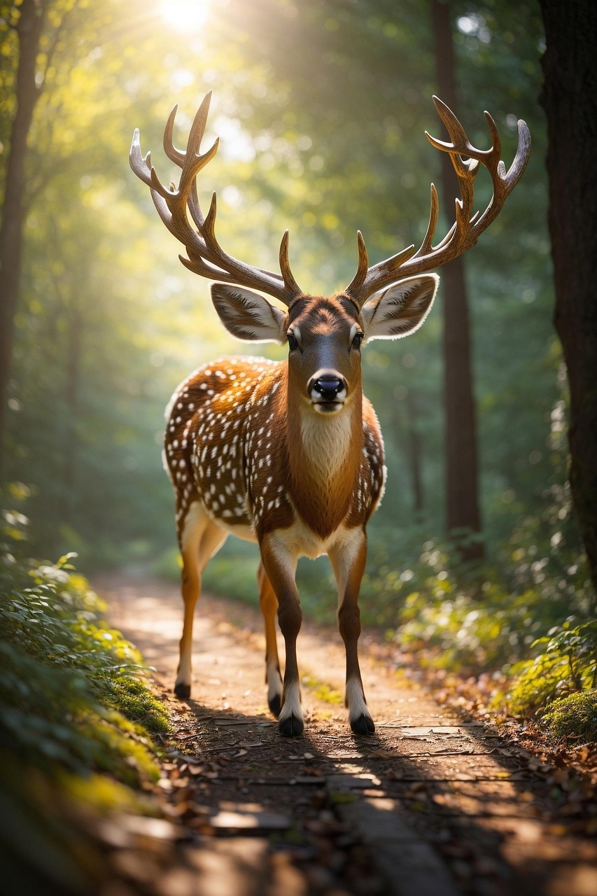 Majestic Deer in Sunlit Forest Path