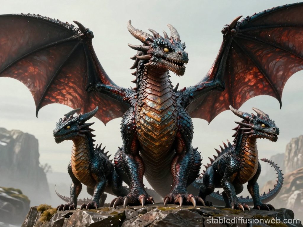 Majestic Dragon Family on Rocky Outcrop