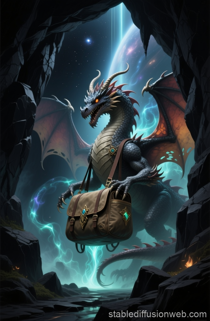 Majestic Dragon Holding a Magical Satchel in a Mystical Cave