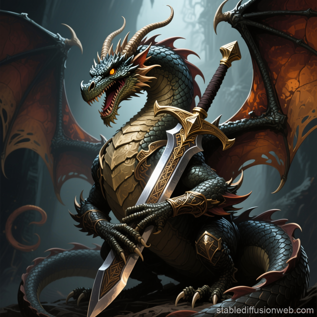 Majestic Dragon Holding Ornate Sword in Dark Fantasy Setting